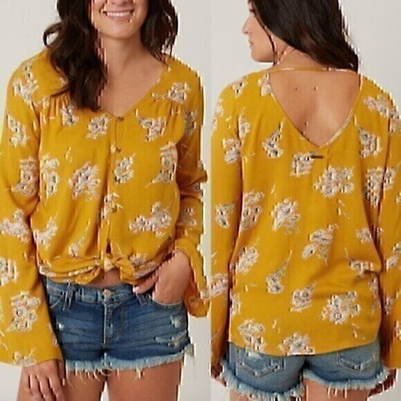 BILLABONG Forget Me Knot Shirt Mustard Yellow V-Neck Button Down Blouse JRS XS - Picture 1 of 11